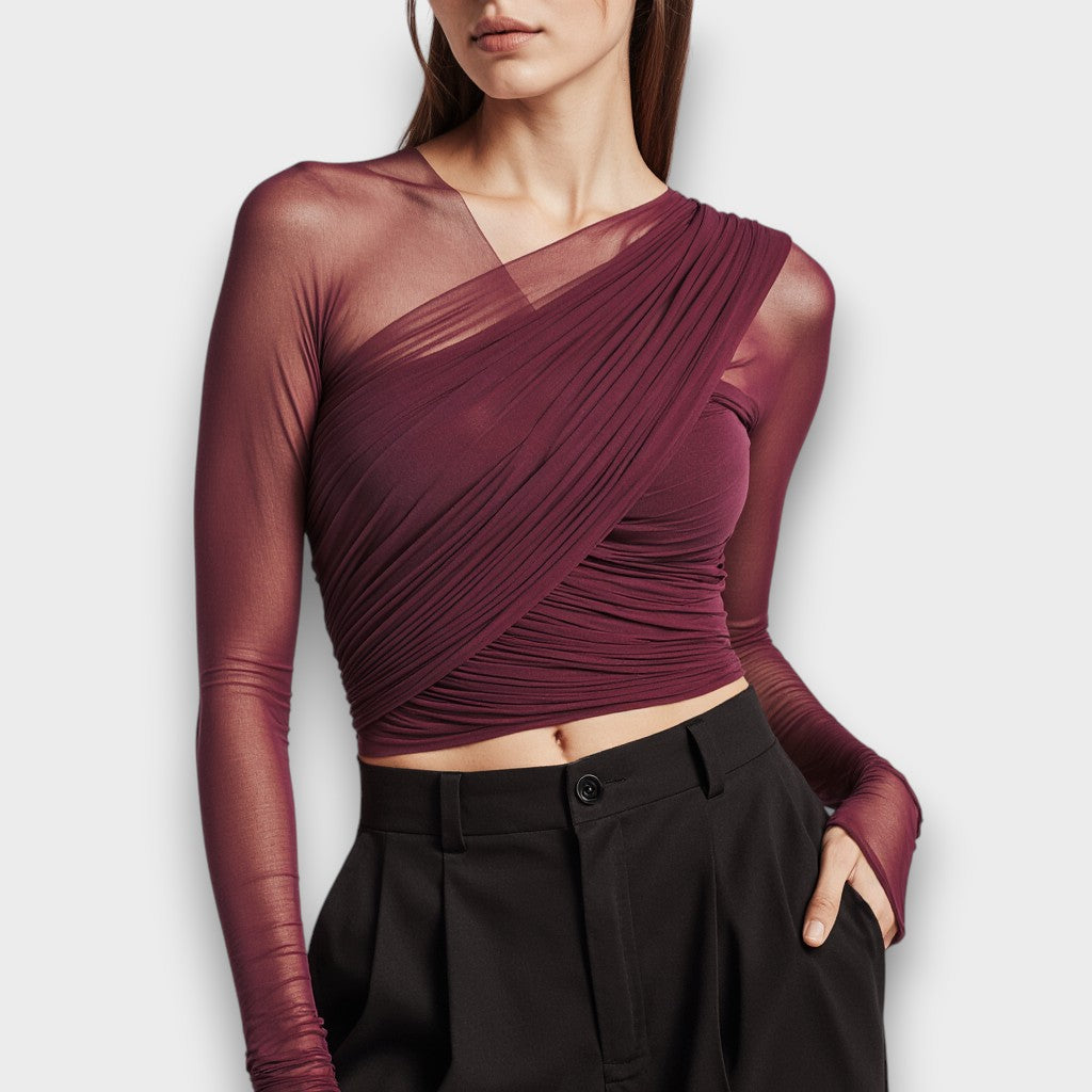 VERA BURGUNDY MESH RUCHED ASYMMETRIC WRAP CROP TOP