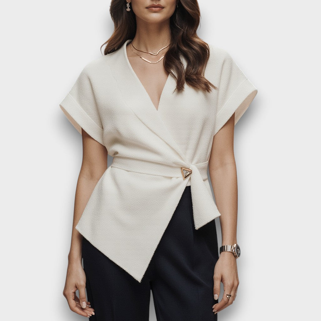 CLEO CREAM TEXTURED WRAP TOP WITH GOLD CLASP