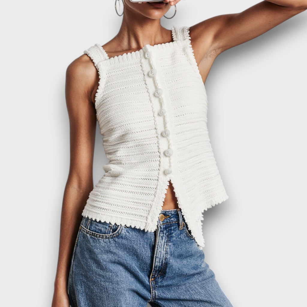 LUNA WHITE CROCHET KNIT BUTTON-FRONT ASYMMETRIC VEST TOP
